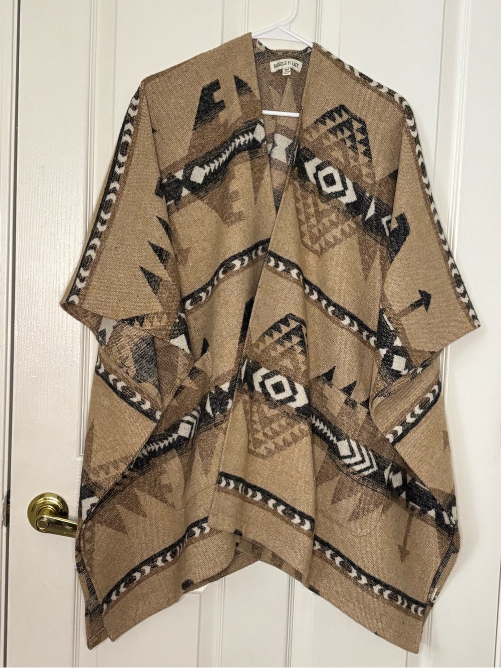 Tassels N Lace Southwestern Geometric Open Front Poncho Wrap S/M